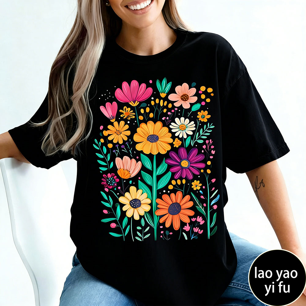Summer Clothing Vibes - Boho 여름 꽃무늬 여성 티셔츠 레트로