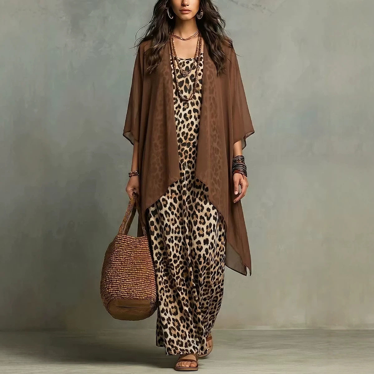 Summer Vacation Clothing Women - 쉬폰 레오파드 프린트 스파게티 스트랩 드레스와