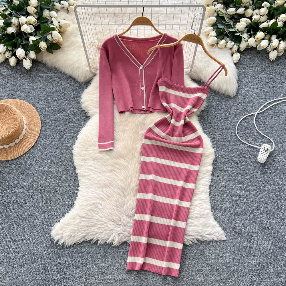 Summer Vacation Clothing Women - 섹시한 기본 스트라이프 니트 슬림 드레스