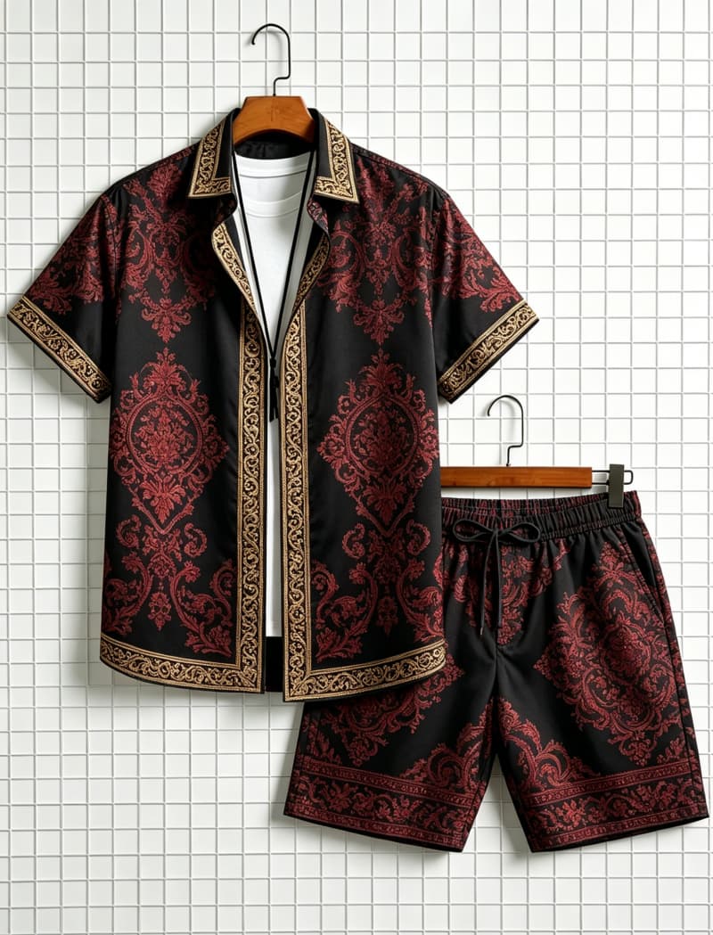 Summer Clothing Trends - 남성 에스닉 프린트 반팔 셔츠와 반바지