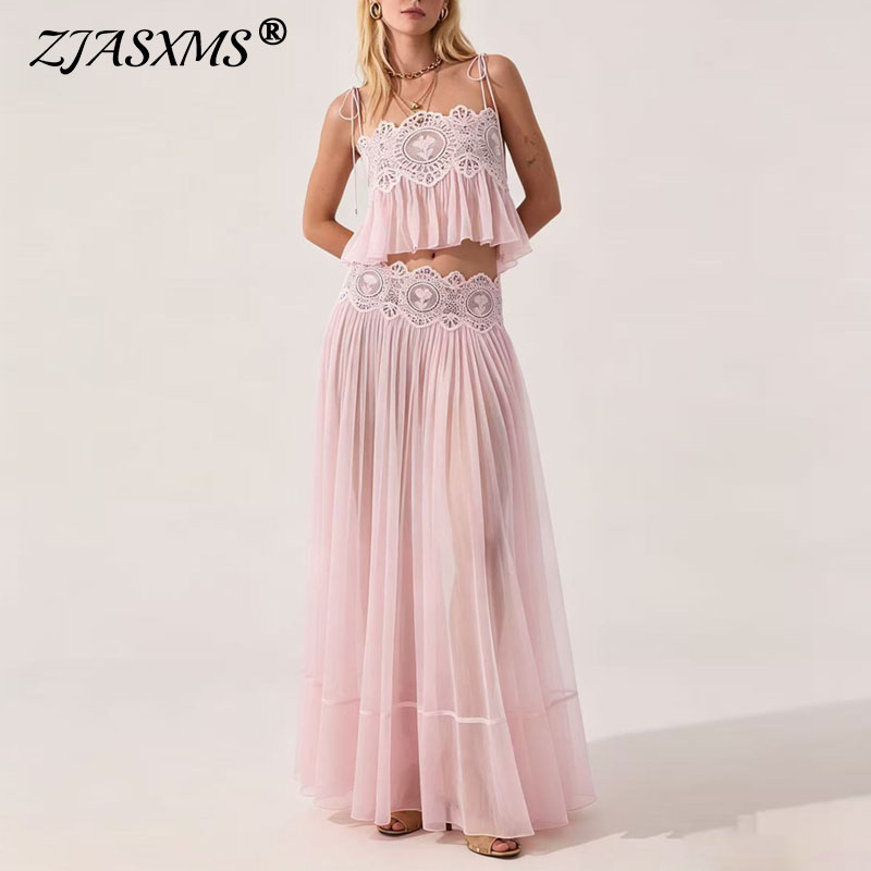 Summer Vacation Clothing Women - 여성 레이스 스파게티 스트랩 크롭탑 롱