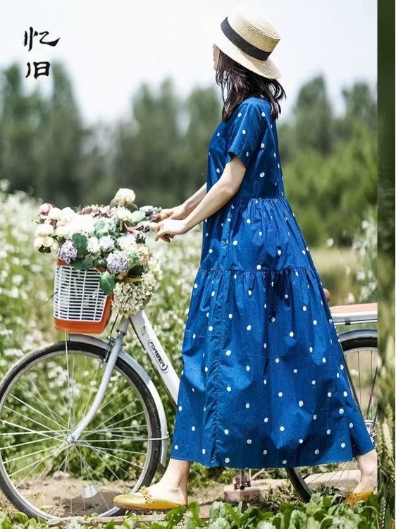 Summer Clothing Label - 블루 퓨어 코튼 플로럴 프린트 드레스