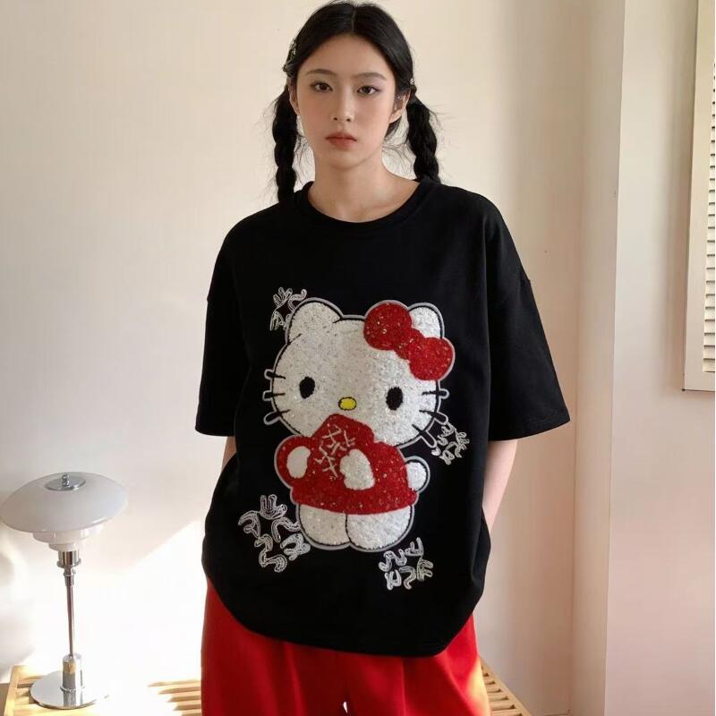 귀여운 반팔 헬로 키티 여름 새 스타일 만화 스팽글 수 - Summer Clothing Trends 리뷰 및 가격