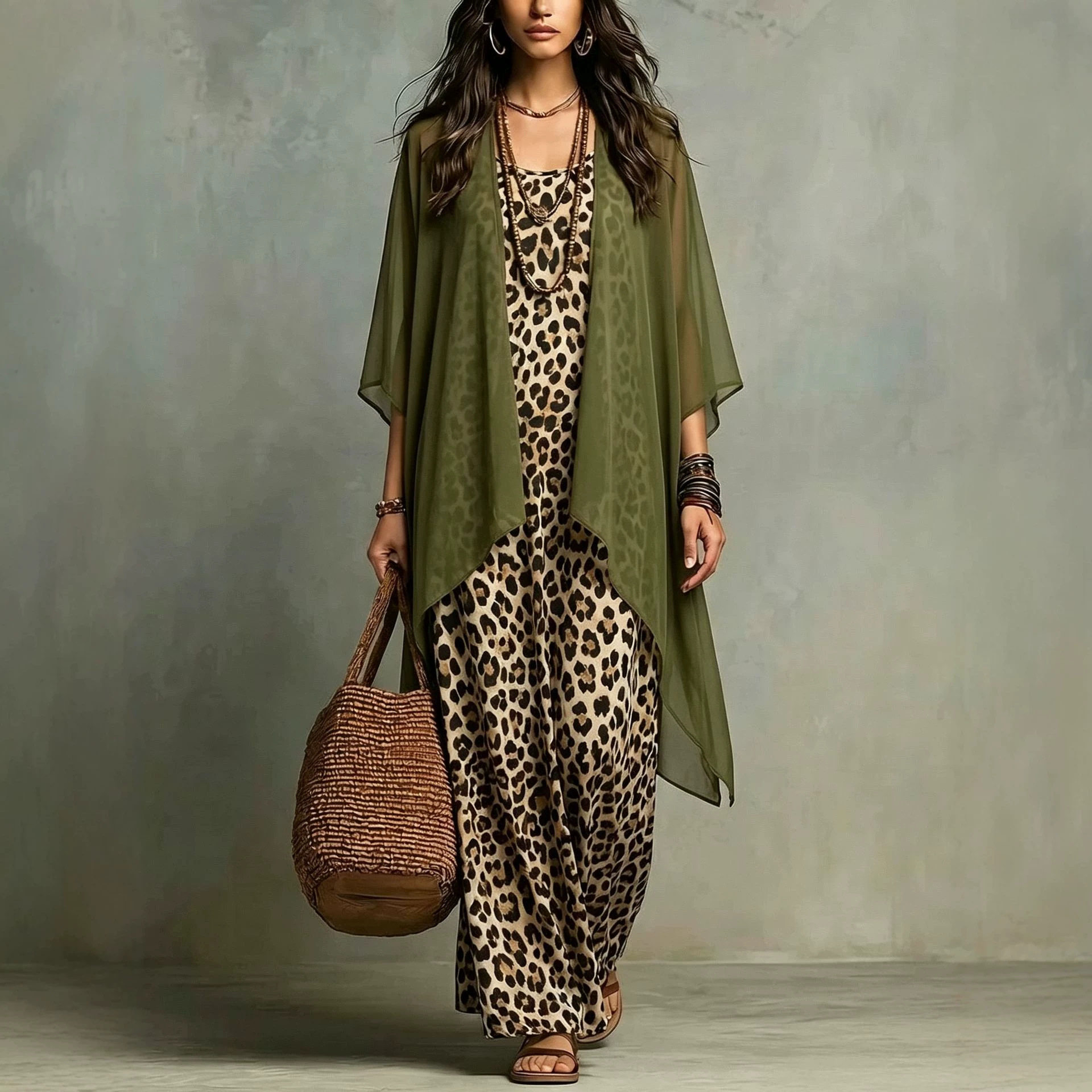 쉬폰 레오파드 프린트 스파게티 스트랩 드레스와 시스루  - Summer Vacation Clothing Women 리뷰 및 가격