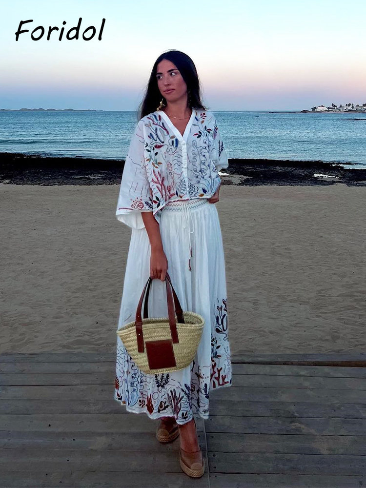Foridol 해양 생물 자수 배트 윙 슬리브 맥시 스 - Summer Clothing For Older Women 리뷰 및 가격