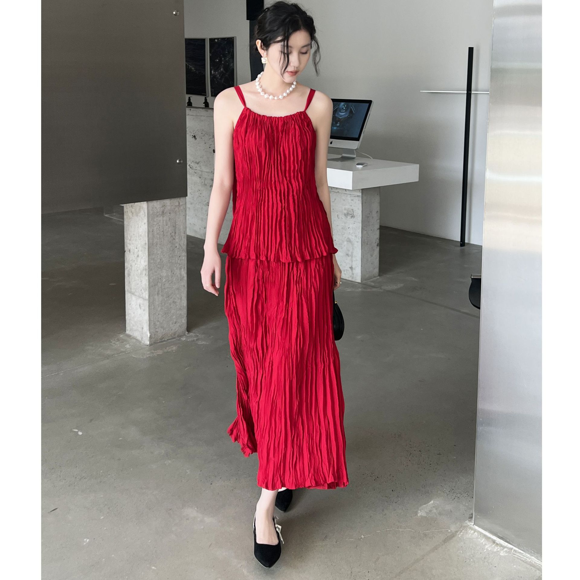 여성 휴가복 단색 플리츠 디자인 민소매 캐미솔 티셔츠  - Summer Vacation Clothing Women 리뷰 및 가격