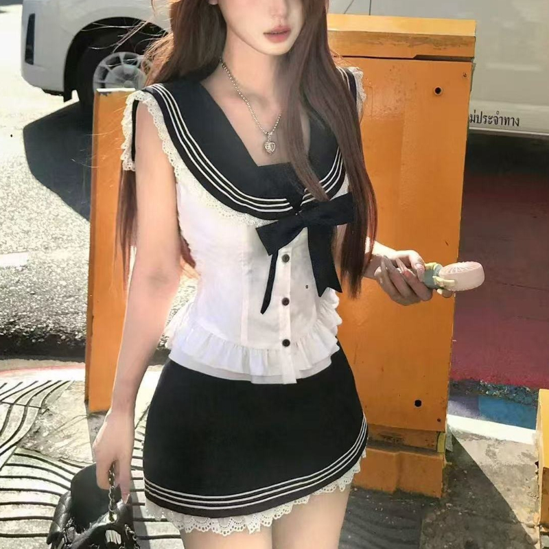 대학 스타일 보우 스위트 2 피스 세트 여성 스위트 선 - Summer Alt Clothing 리뷰 및 가격