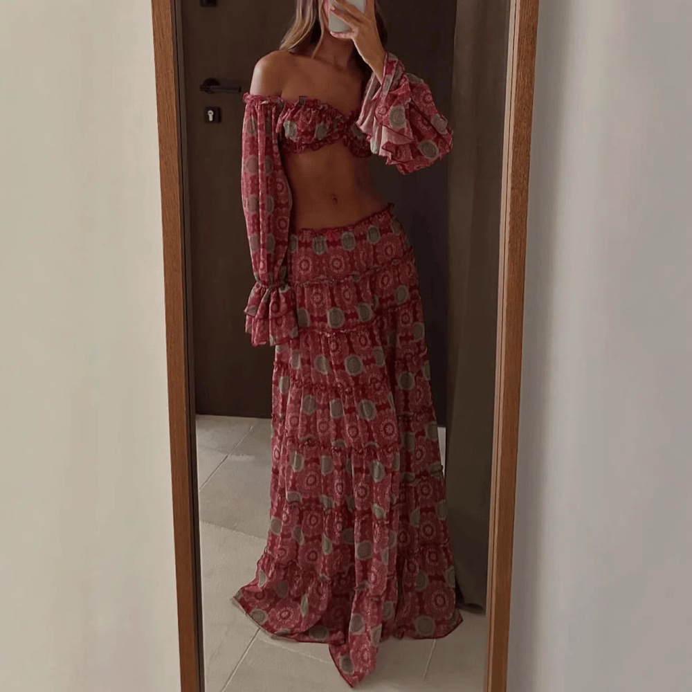 빈티지 프린트 스커트 투피스 세트 여성 섹시 오프숄더  - Summer Vacation Clothing Women 리뷰 및 가격