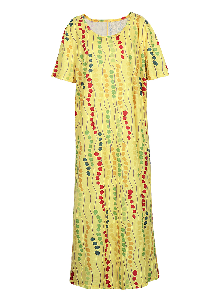 플러스 사이즈 옐로우 프린트 미디 드레스, 라운드 넥  - Summer Clothing For Older Women 리뷰 및 가격