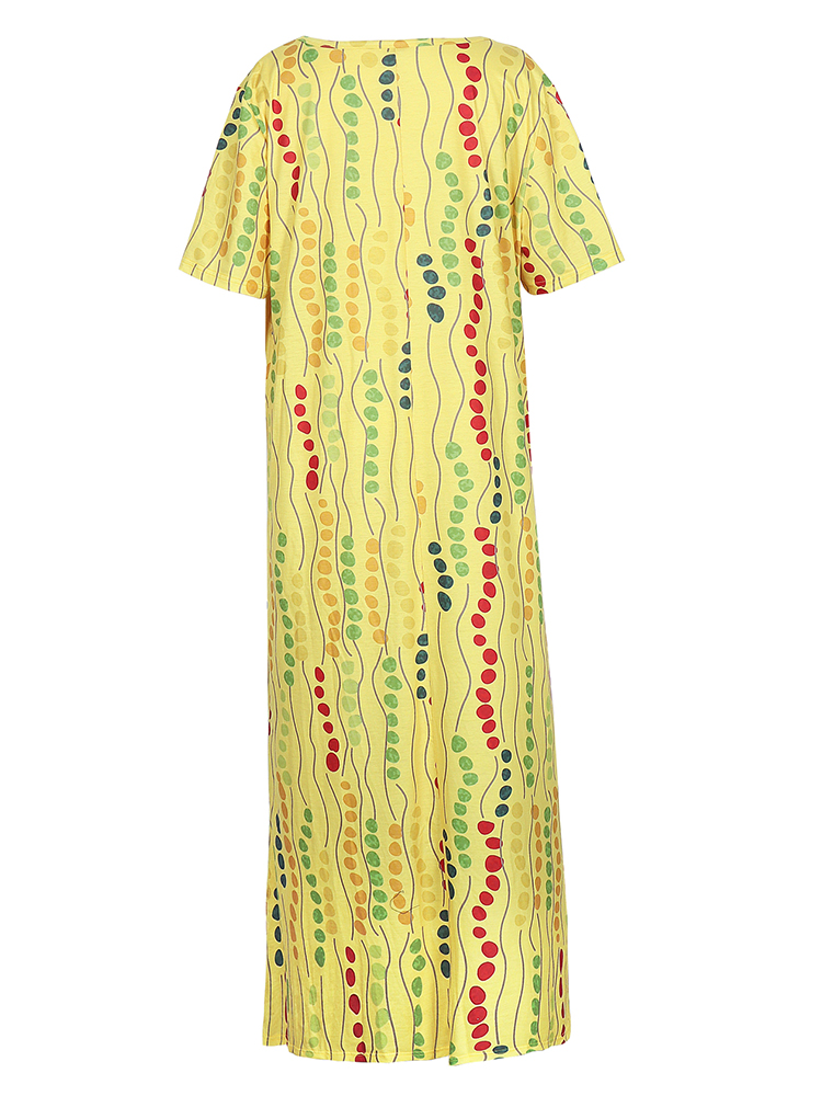 플러스 사이즈 옐로우 프린트 미디 드레스, 라운드 넥  - Summer Clothing For Older Women 리뷰 및 가격